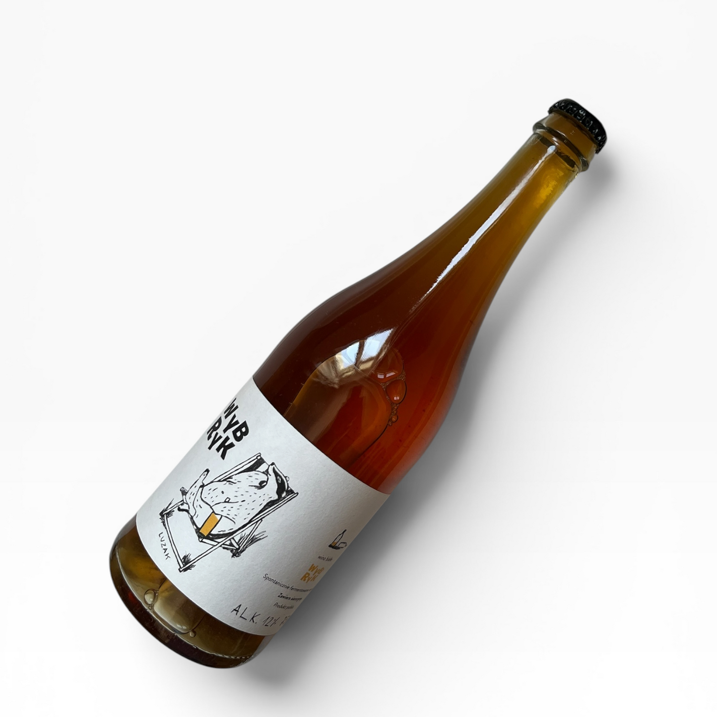 Bottle of beer with a label on a white background