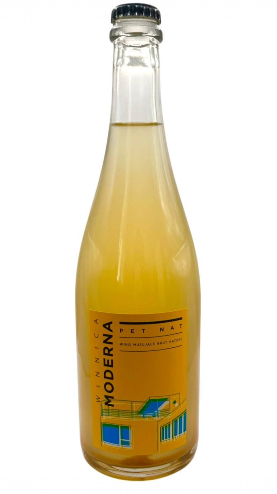 Bottle of 'Moderna' pet nat on a white background