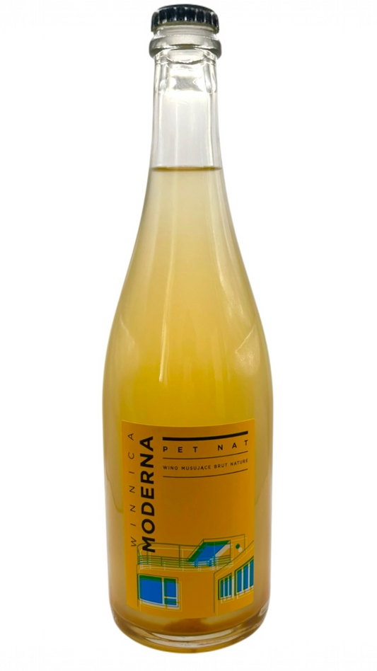 Bottle of 'Moderna' pet nat on a white background