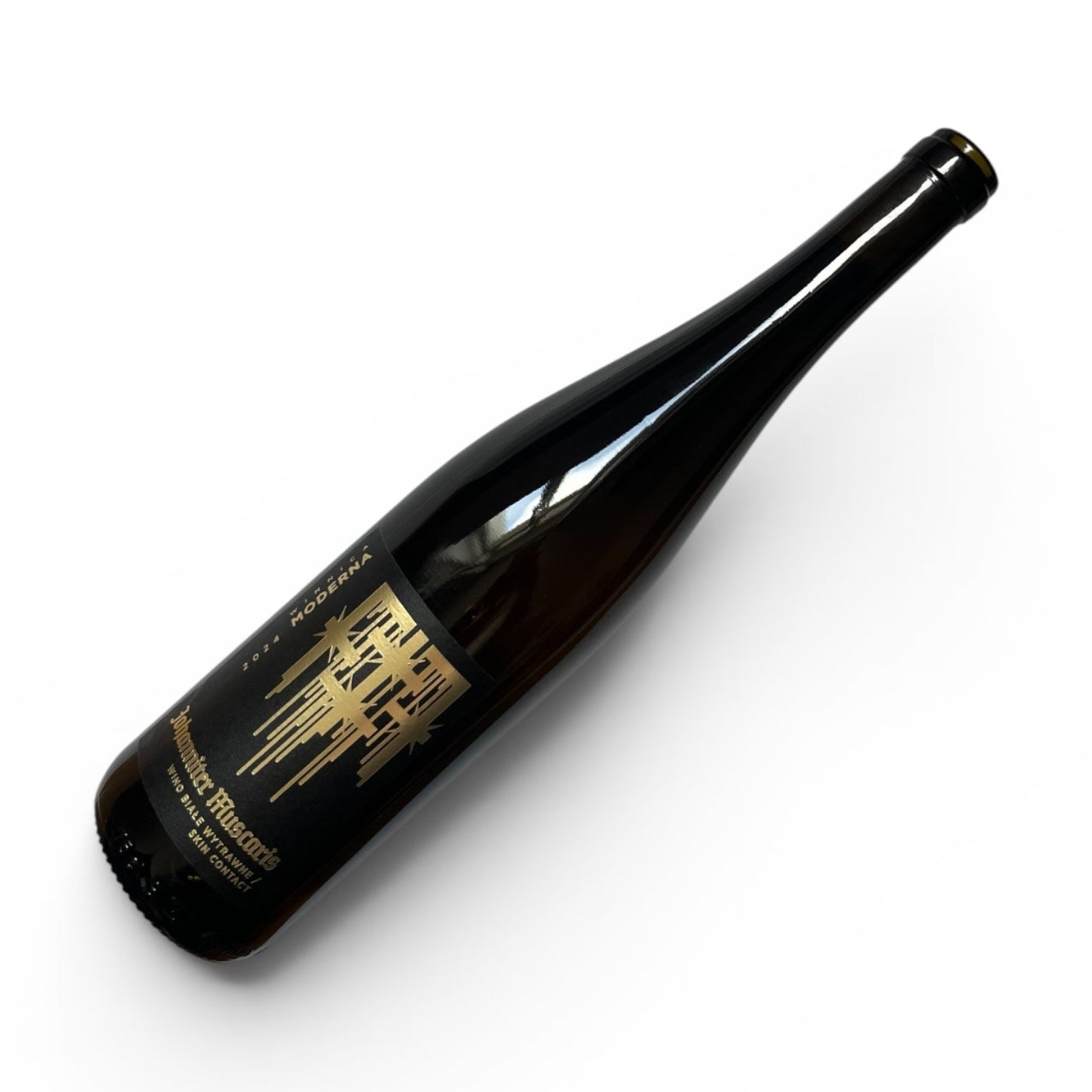 Wine bottle with a gold label on a white background
